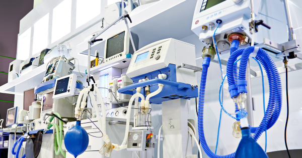 Medical devices lined up in hospital